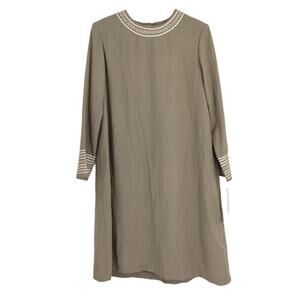 Vintage Leo Narducci Shift Dress 14 Long Sleeve Crew Neck Trim Details Nude NWD